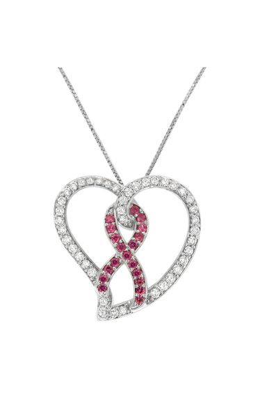3/4 Cttw White Diamond Awareness Ribbon & Open Heart Necklace